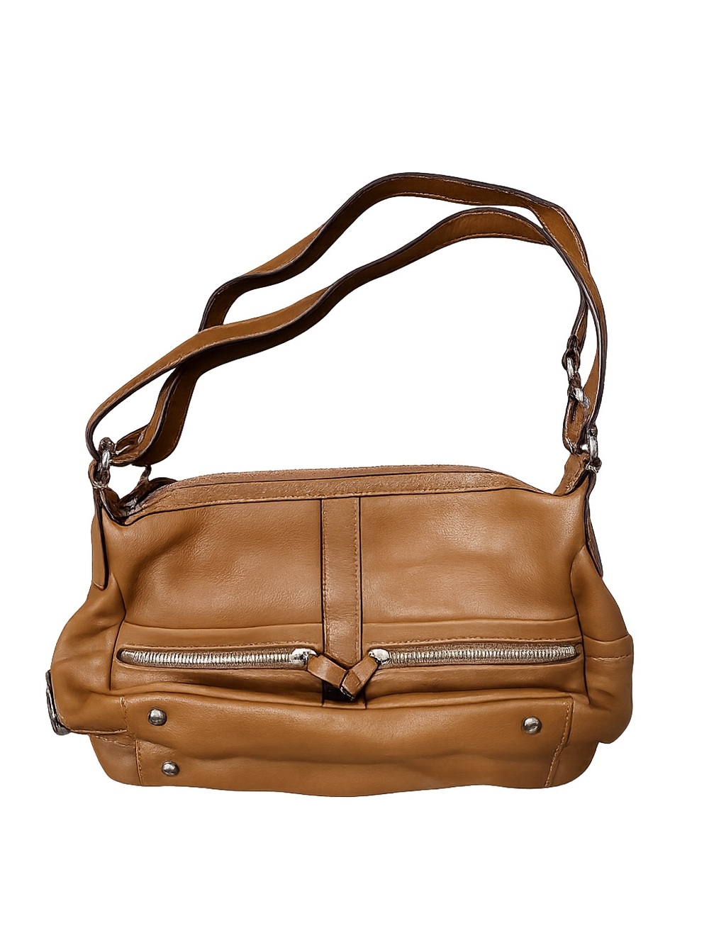 Tignanello Brown Leather Shoulder Bag Purse Double Zip Multi Pocket Handbag